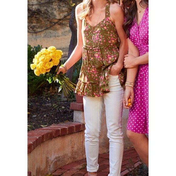 Matilda Jane Sz M Brown Pink Floral Print Ruffle Criss Cross Back Tank Top Women - Picture 12 of 16